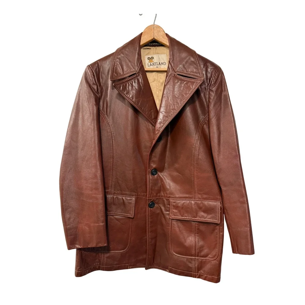 Huckberry Vintage M Wide Lapel Leather Jacket $499 70s Disco Coat Retro Brown 40